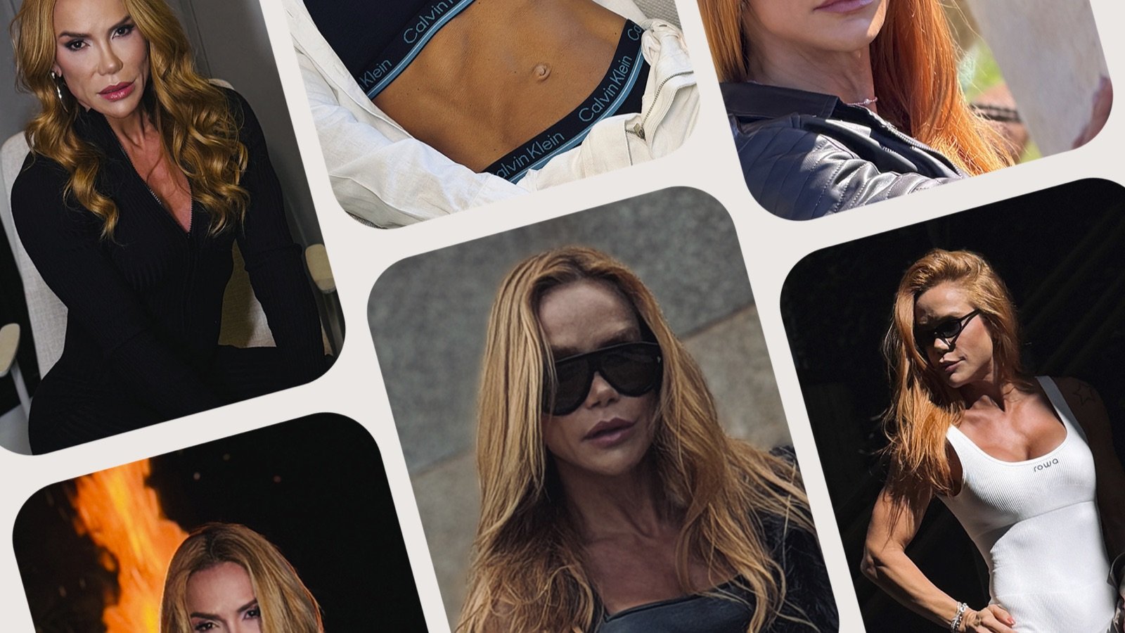 Colagem com seis fotos de Carla Lemos: looks pretos, treino, moda e retrato com fogueira
